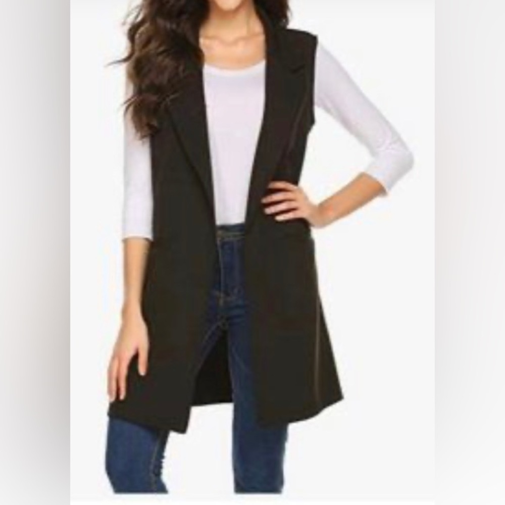 Kameya black single button sleeveless blazer/long vest, NWT, Sz Large